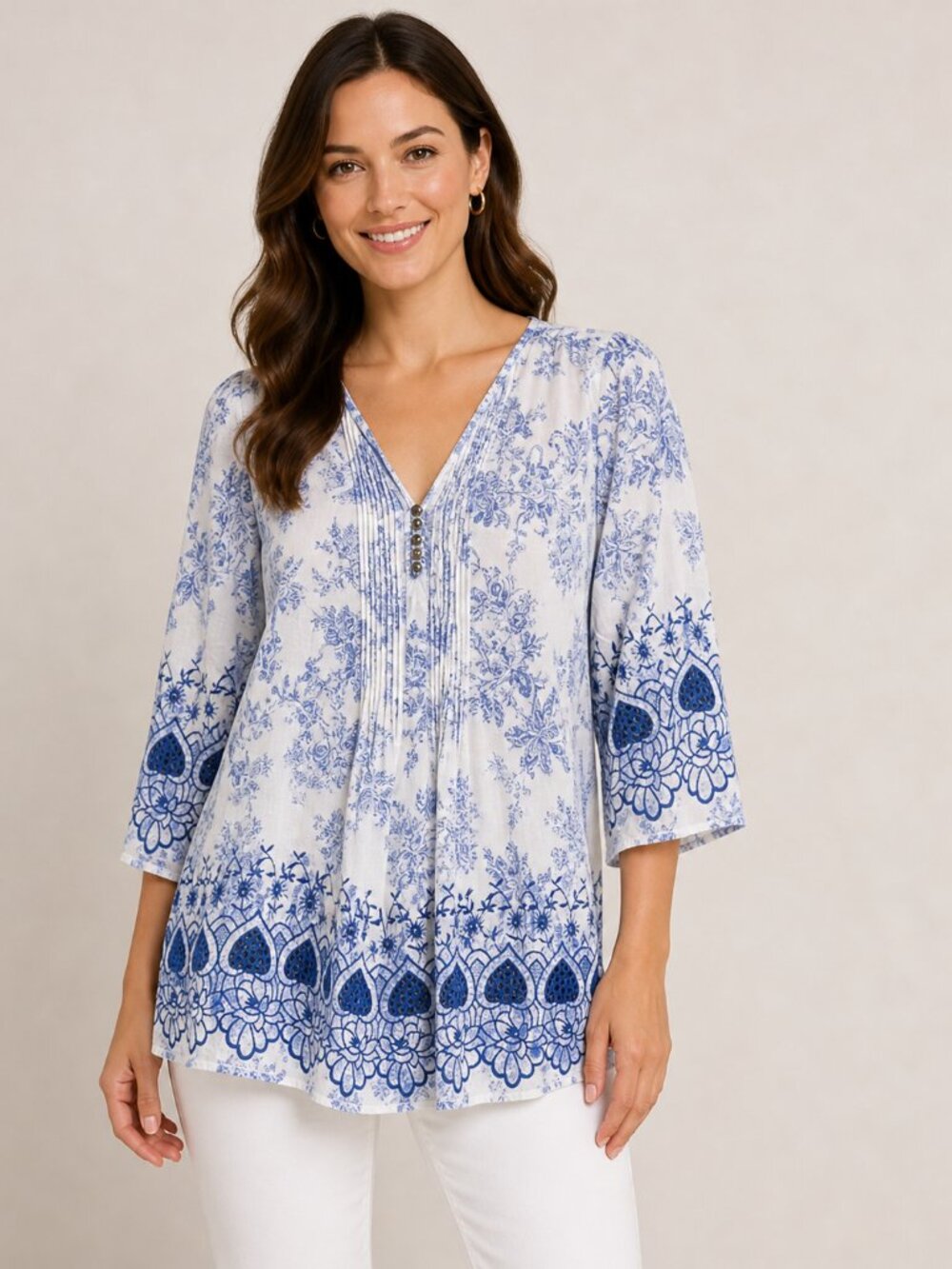 Soft Surroundings Nimes Top L Toile Print Embroidered Eyelet Tunic Blue Floral